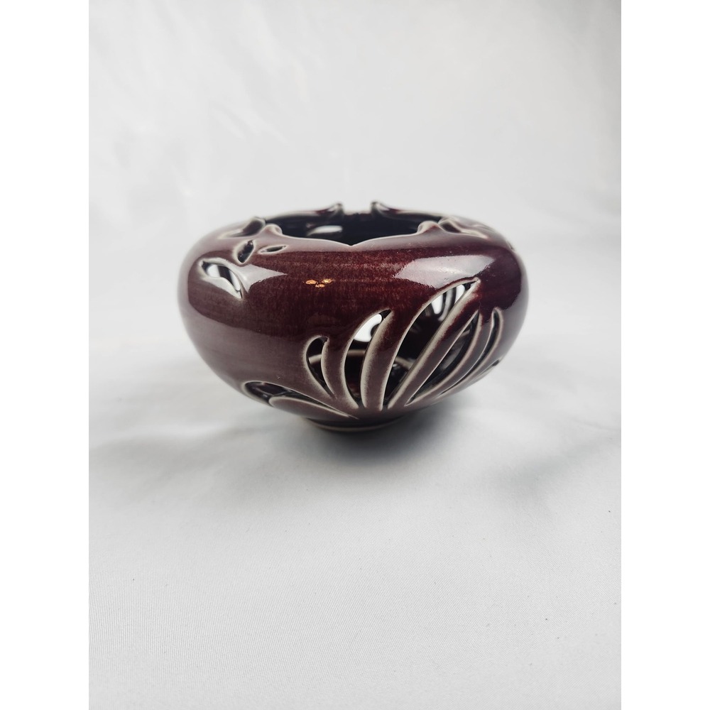 Signed Studio Pottery Reticulated Candle Holder Oxblood Red Glaze 6x3 Tea Light